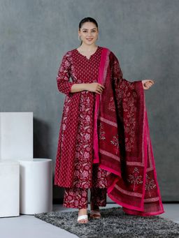 ARAMYA - Women Maroon Pure Cotton A-Line Kurta with Palazzo and Dupatta