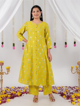 ARAMYA - Women Green Silk Blend A-Line Kurta with Pant