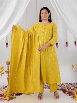 ARAMYA - Women Green Silk Blend A-Line Kurta with Pant and Dupatta