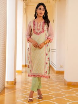 ARAMYA - Women Green Chanderi Straight Kurta with Pant