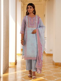 ARAMYA - Women Blue Chanderi Straight Kurta with Pant and Dupatta