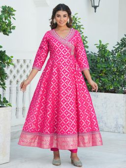 ARAMYA - Women Pink Chanderi A-Line Angarkha Kurta with Pant