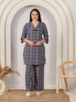 ARAMYA - Women Blue Pure Cotton Straight Kurta with Palazzo