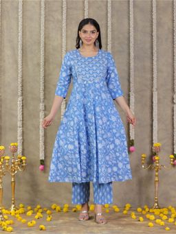 ARAMYA - Women Blue Pure Cotton A-Line Kurta with Pant