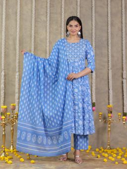 ARAMYA - Women Blue Pure Cotton A-Line Kurta with Pant and Dupatta
