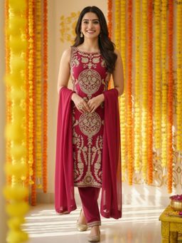 Chhabra 555 - Women Red Georgette Embroidered Kurta with Pant and Dupatta