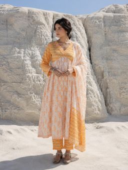 MAAND - Womens Yellow Pure Cotton Flared Kurta with Pant & Dupatta