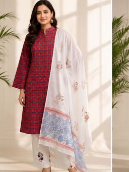 MAAND - Womens Red Pure Cotton Flared Kurta with Pant & Dupatta
