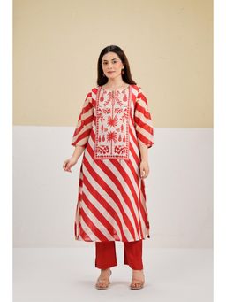 CUSTARD - Red Printed Cotton Kurta with Pant