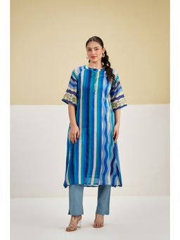 CUSTARD - Blue Vertical Stripes Printed Cotton Kurta with Pant