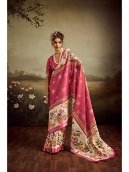 Sedora Couture - Peach Jacquard Floral Printed Saree with Unstitched Blouse