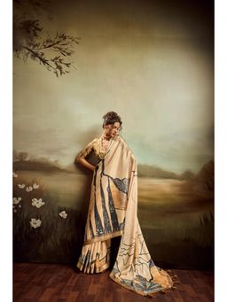 Sedora Couture - Beige Jacquard Floral Printed Saree with Unstitched Blouse
