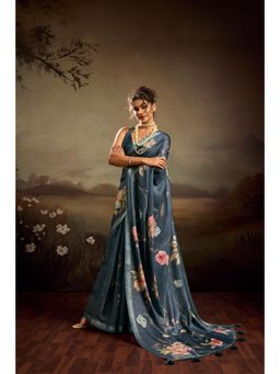 Sedora Couture - Blue Jacquard Floral Printed Saree with Unstitched Blouse