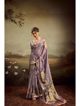 Sedora Couture - Purple Jacquard Floral Printed Saree with Unstitched Blouse