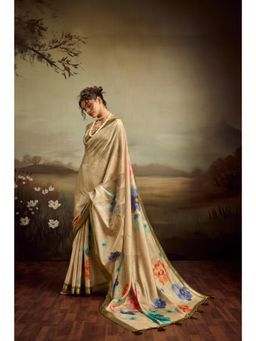 Sedora Couture - Beige Jacquard Floral Printed Saree with Unstitched Blouse