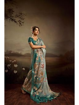 Sedora Couture - Aqua Green Jacquard Floral Printed Saree with Unstitched Blouse