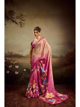 Sedora Couture - Rose Pink Jacquard Floral Printed Saree with Unstitched Blouse