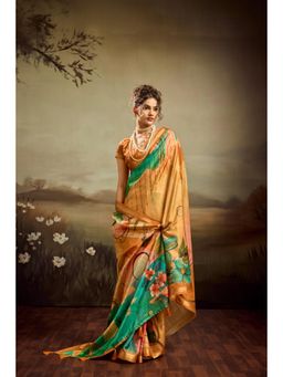 Sedora Couture - Mustard Jacquard Floral Printed Saree with Unstitched Blouse