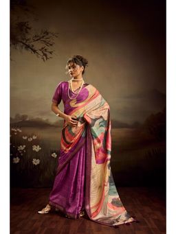 Sedora Couture - Purple Jacquard Floral Printed Saree with Unstitched Blouse