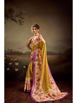 Sedora Couture - Beige Jacquard Floral Printed Saree with Unstitched Blouse