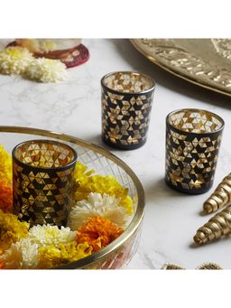 HomeTown - Zahara Glass Geometric Print Votive Set Of 3 Piece 7Cm In Black & Gold Colour