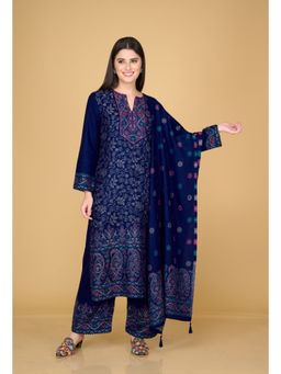 Safaa - Womens Navy Blue Acro Wool Woven Unstitched Suit and Dupatta (Set of 3)