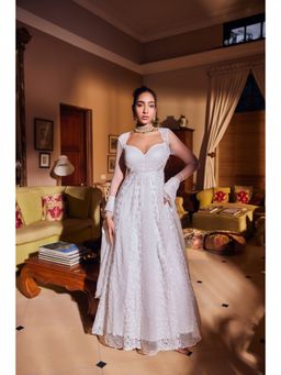 Saanjh by Lea - Satya Soft Mesh Embroidered White Anarkali with Dupatta (Set of 2)