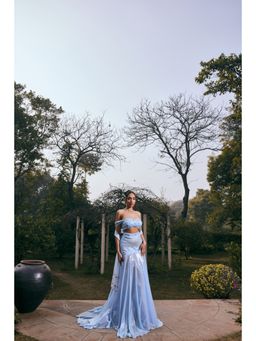 Saanjh by Lea - Jasmine Blue Satin Shimmer Chiffon Lehenga with Blouse and Dupatta (Set of 3)