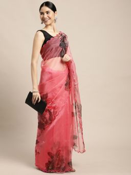Vastranand - Pink & Black Floral Sequinned Organza Saree with Unstitched Blouse