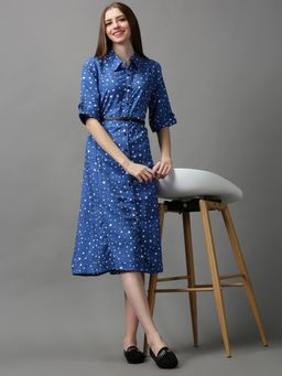 SHOWOFF - Womens Shirt Collar Polka Dots Blue Midi Dress (Set of 2)