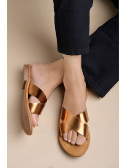 Shoetopia - Embellished Cross Strap Copper Flats For Girls