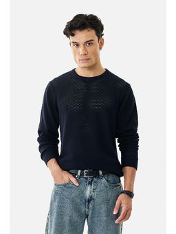 Snitch - Navy Blue Mesh Full Sleeves Regular Casual Sweater