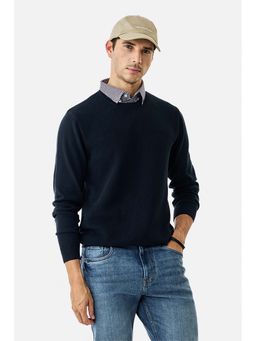 Snitch - Navy Blue Textured Full Sleeves Regular Casual Sweater