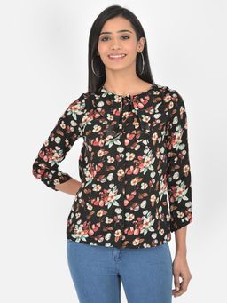 Latin Quarters - Floral Print Casual Shirt Top Black