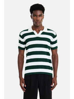 Snitch - Green Cotton Stripes Casual Polo T-Shirt