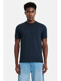 Snitch - Navy Blue Cotton Blend Solid Casual T-Shirt