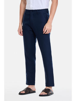Snitch - Navy Blue Linen Solid Casual Trouser