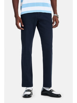 Snitch - Navy Blue Cotton Blend Solid Casual Trouser