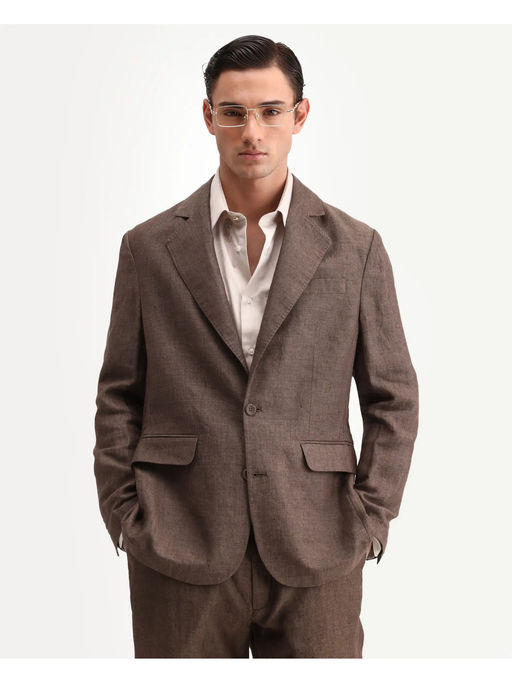 Rare Rabbit Brown Linen Solid Party Blazer