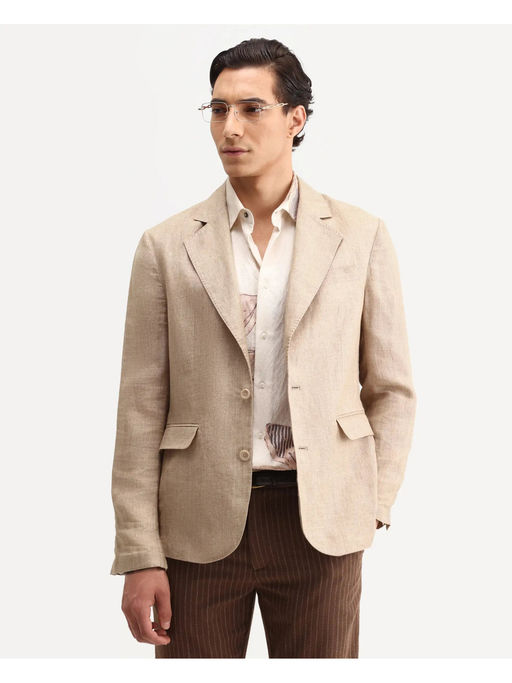 Rare Rabbit Beige Linen Solid Party Blazer