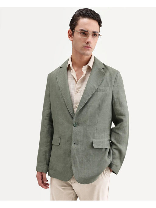 Rare Rabbit Green Linen Solid Party Blazer