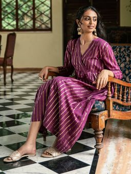 Pink Fort - Gold Striped Lurex Kurta - Plum (Set of 2)