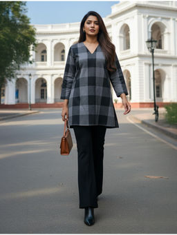 trueBrowns - Black Check High-Slit Winter Short Kurti