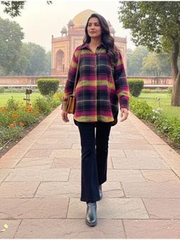 trueBrowns - Pink Lime Check Woollen Shirt Top