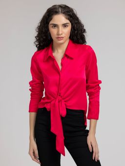 SHAYE - Pink Solid Collar Neck Long Sleeves Party Shirt For Women