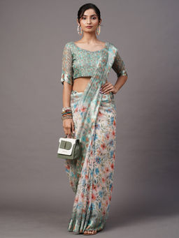 Akhilam - Women Cotton Blend Off White Printed Designer Saree with Unstitched Blouse Piece