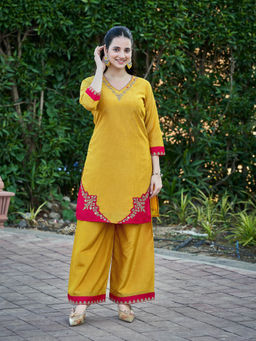 MOJILAA - Women's Yellow Viscose Spider Floral Embroidered Festive And Party Co-Ord Set