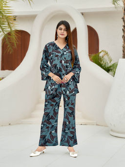 MOJILAA - Women's Blue Viscose Blend Floral Printed Co-Ord Set