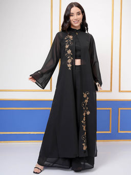 VISHUDH - Women Black Embroidered Mandarin Collar Shrug With Crop Top & Palazzo