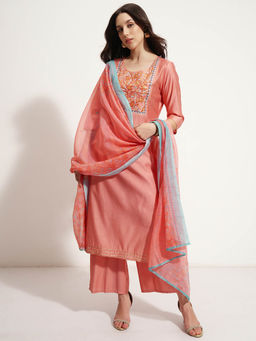 VISHUDH - Women Coral Embroidered Yoke Kurta With Palazzo & Dupatta